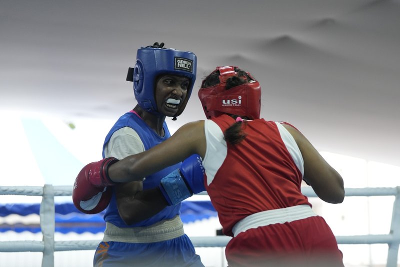 Action from CM Trophy State-level College boxing women&#x27;s competition at JNS -Chennai on Friday