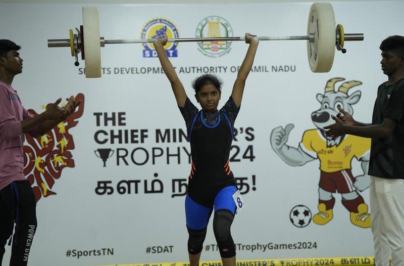 Action from the school girls weightlifting event in JNIS - Chennai on Sunday