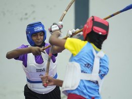 CM Trophy -Action from College women Silambam competition in Chengalpattu