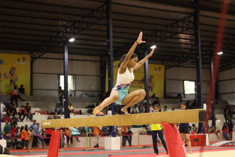 CM Trophy 2024 - Action from School Girls Balancing beam competition at the SDAT AGB Complex in Chennai