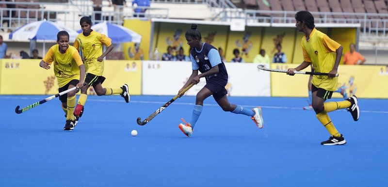 CM Trophy 2024 - Hockey action from the School Girls competition at Mayor Radhakrishnan Stadium in Chennai