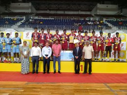 CM Trophy 2024 The victorious Coimbatore Volleyball School Boys team at the Jawaharlal Nehru Stadium in Chennai