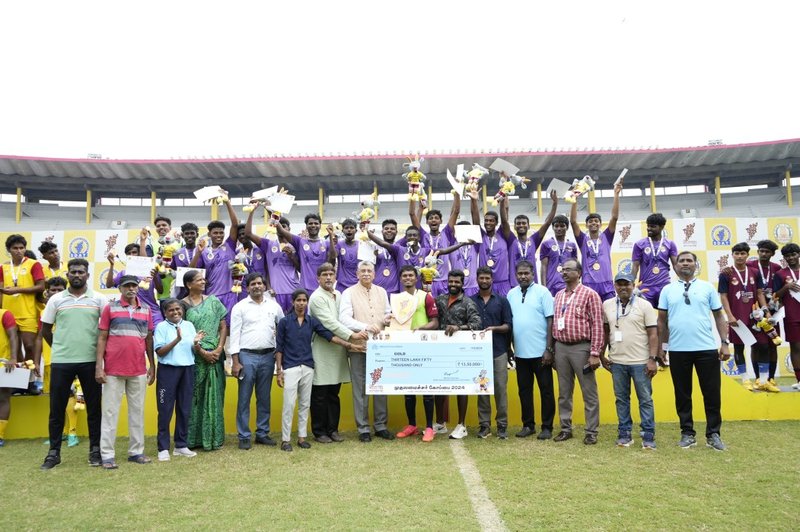 CM Trophy  Dindigul team, the winners of the college boys football competition on Friday (2)