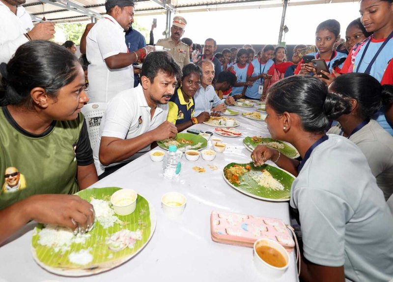 Hon&#x27;ble Deputy Chief Minister of Tamil Nadu Udhayanidhi Stalin interacts with CM Trophy 2024 athletes over lunch at the Jawaharlal Nehru Stadium in Chennai on Monday